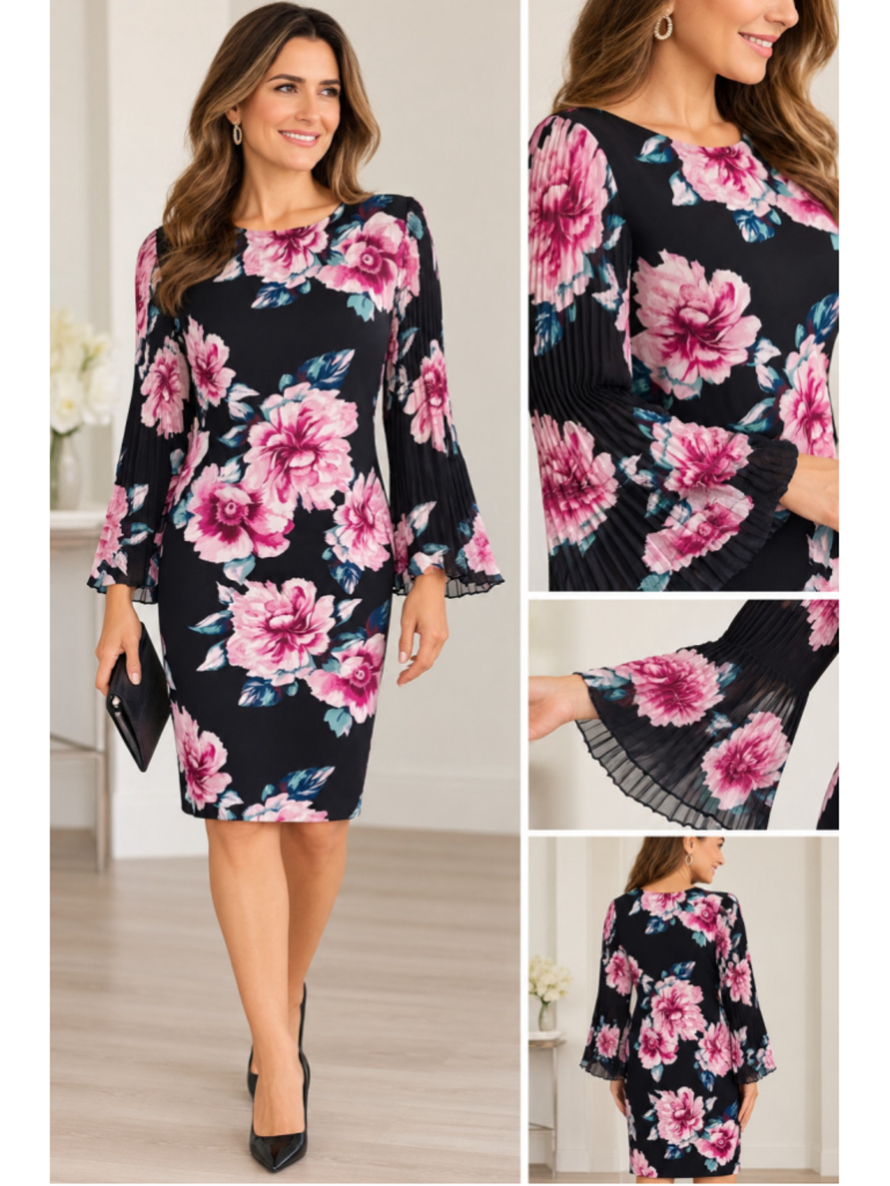 Floral Black Midi Dress Pink Rose Pleated Bell Sleeves Romantic Boho M. 1504